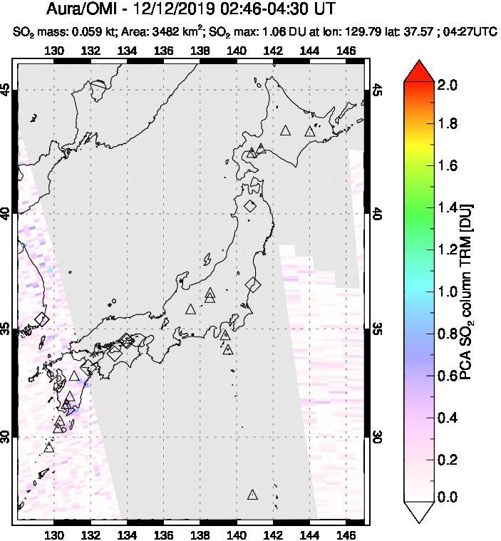 A sulfur dioxide image over Japan on Dec 12, 2019.