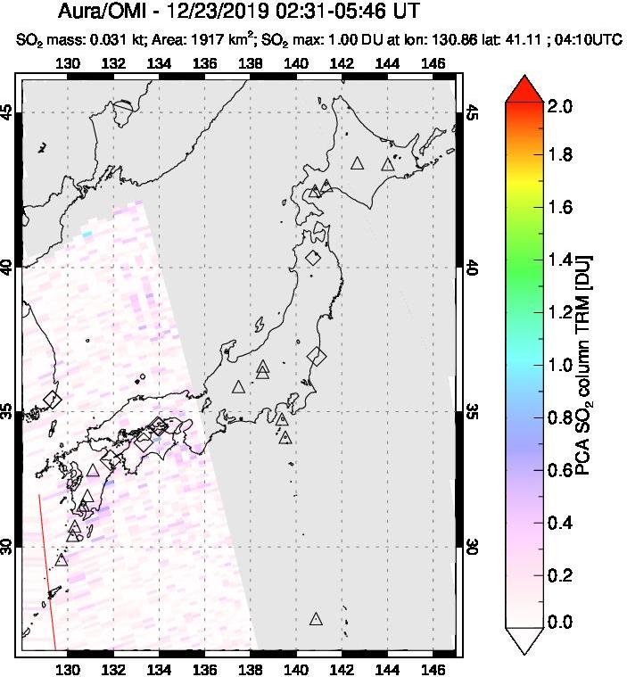 A sulfur dioxide image over Japan on Dec 23, 2019.