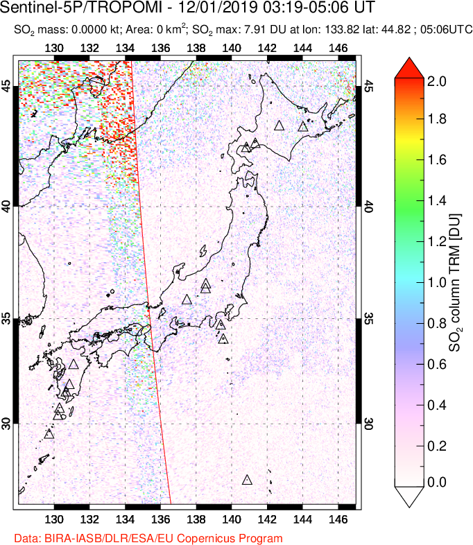 A sulfur dioxide image over Japan on Dec 01, 2019.