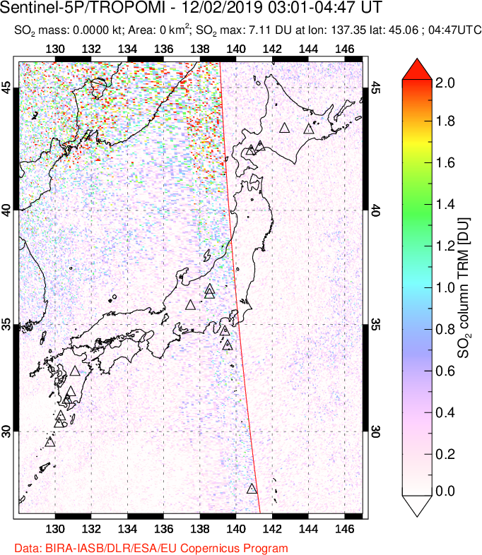 A sulfur dioxide image over Japan on Dec 02, 2019.