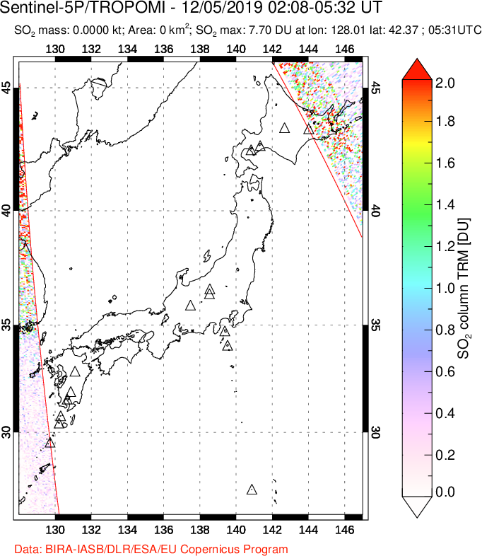 A sulfur dioxide image over Japan on Dec 05, 2019.