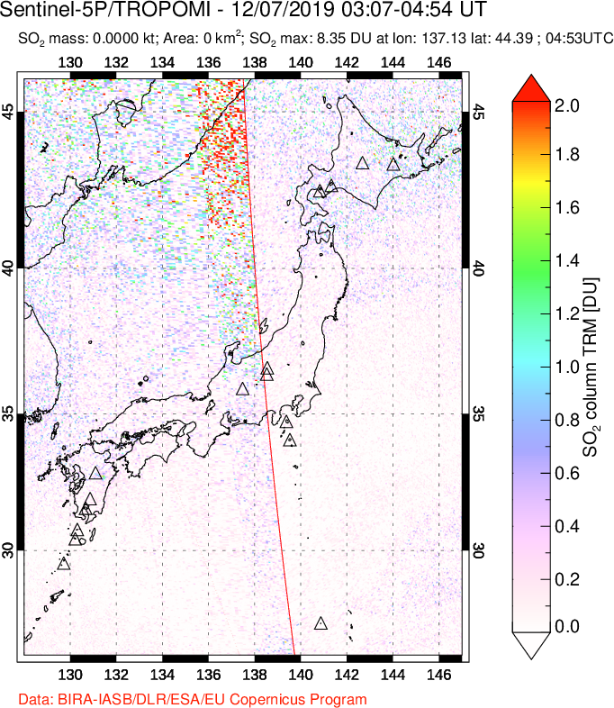 A sulfur dioxide image over Japan on Dec 07, 2019.