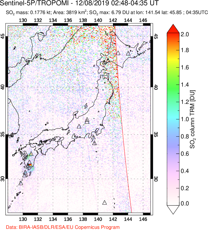 A sulfur dioxide image over Japan on Dec 08, 2019.