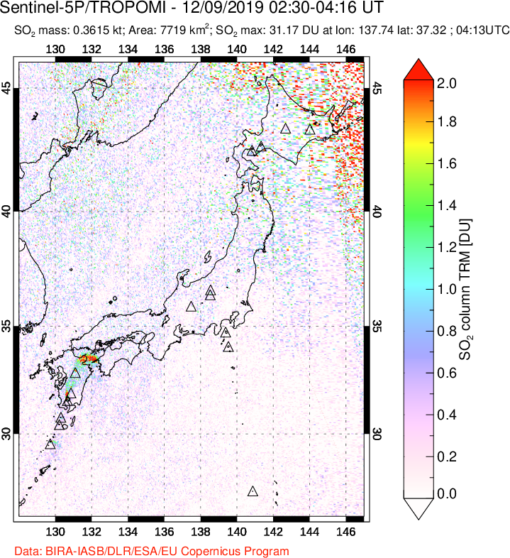 A sulfur dioxide image over Japan on Dec 09, 2019.