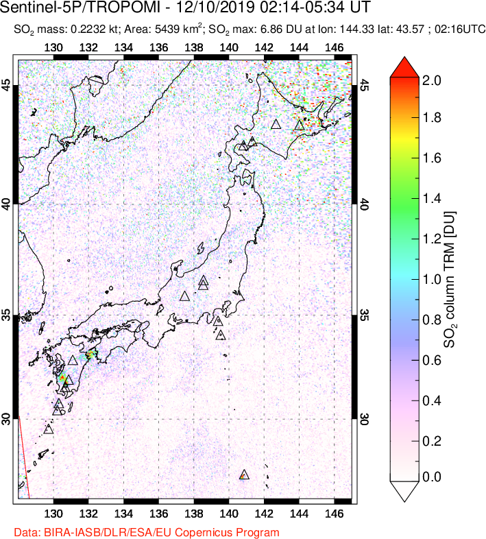 A sulfur dioxide image over Japan on Dec 10, 2019.