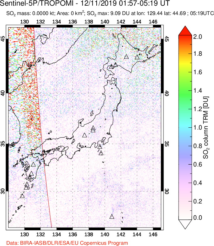 A sulfur dioxide image over Japan on Dec 11, 2019.