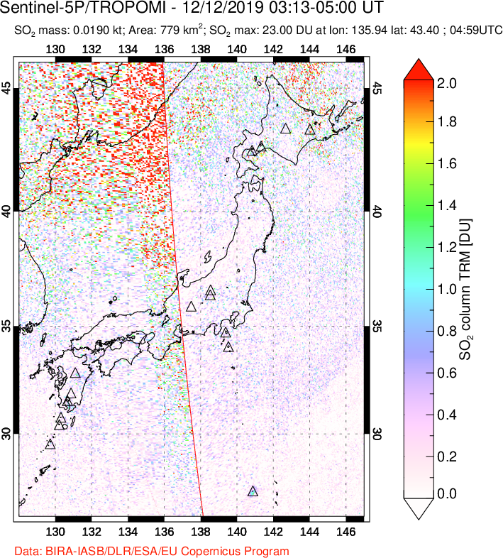 A sulfur dioxide image over Japan on Dec 12, 2019.