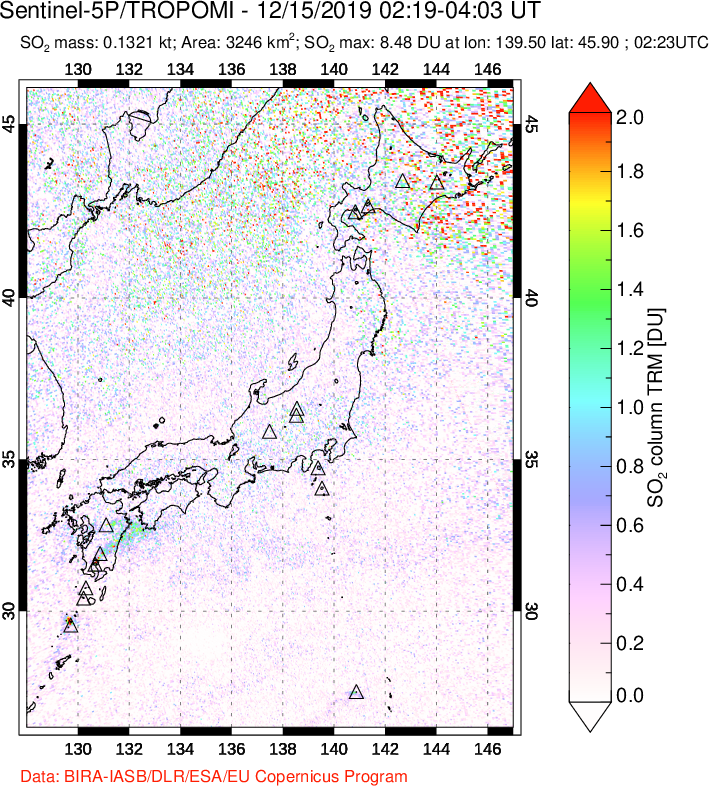 A sulfur dioxide image over Japan on Dec 15, 2019.