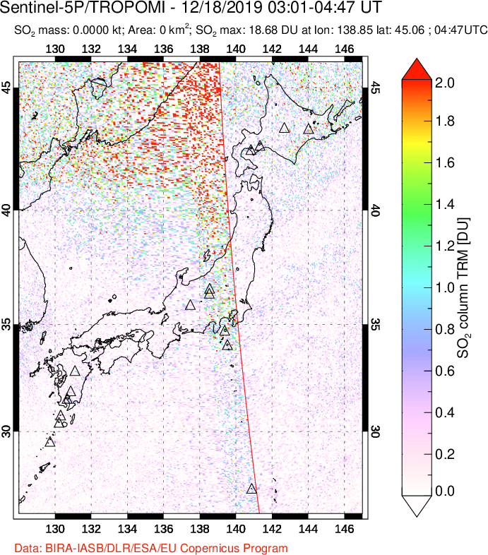A sulfur dioxide image over Japan on Dec 18, 2019.
