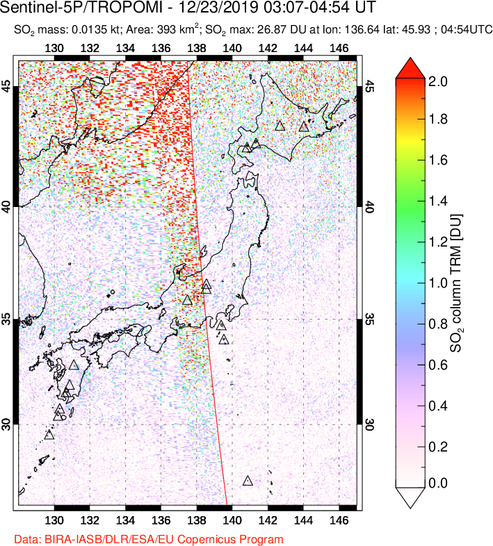 A sulfur dioxide image over Japan on Dec 23, 2019.