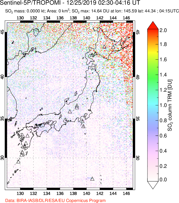 A sulfur dioxide image over Japan on Dec 25, 2019.