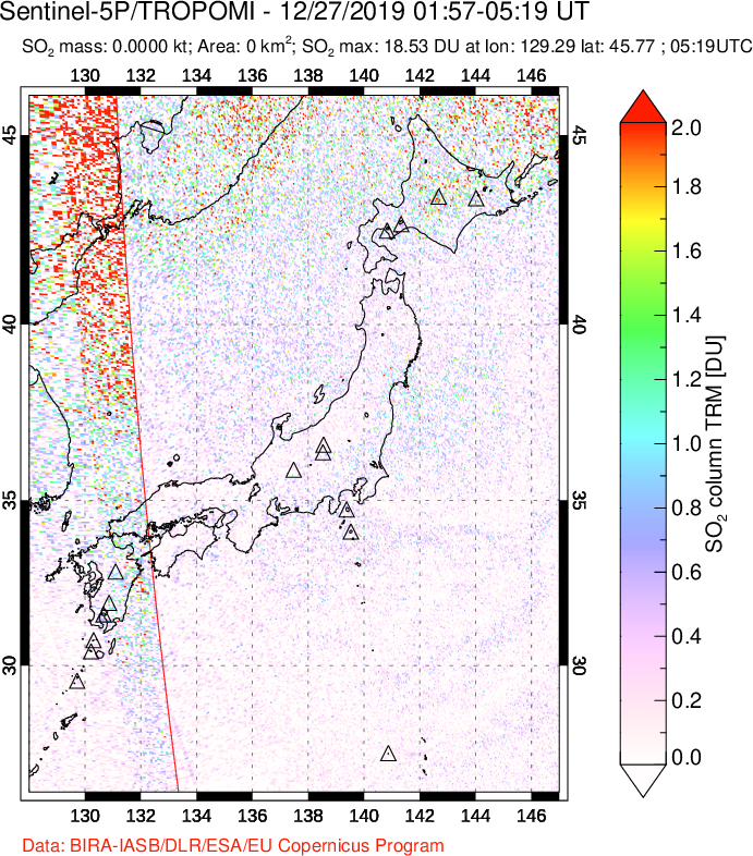 A sulfur dioxide image over Japan on Dec 27, 2019.
