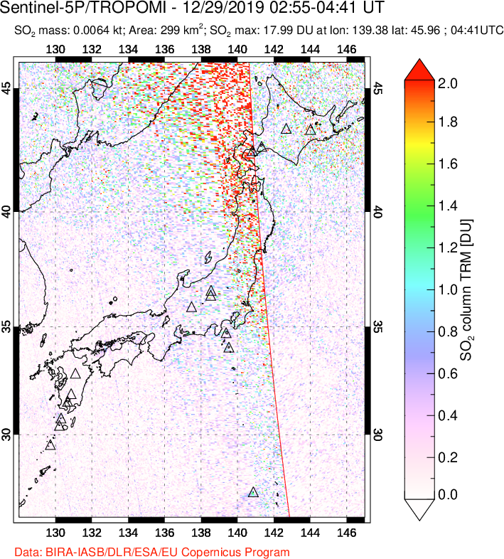 A sulfur dioxide image over Japan on Dec 29, 2019.