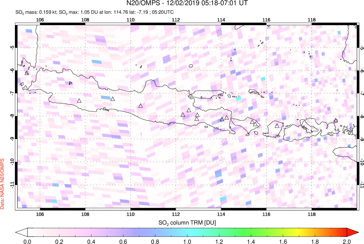 A sulfur dioxide image over Java, Indonesia on Dec 02, 2019.