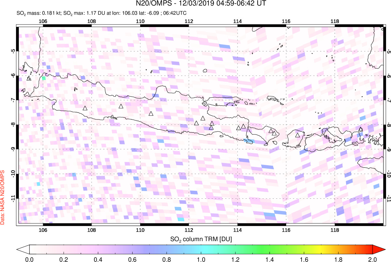 A sulfur dioxide image over Java, Indonesia on Dec 03, 2019.