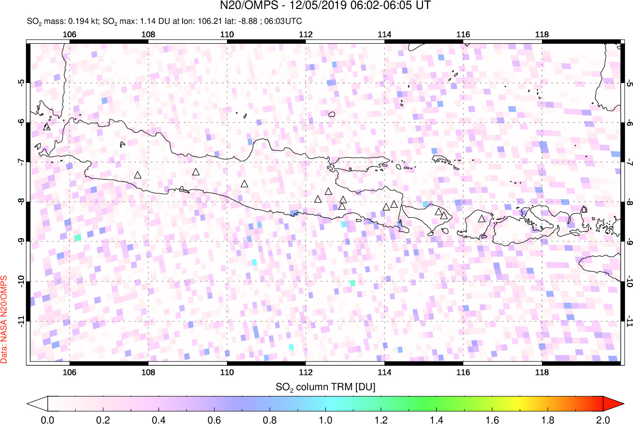 A sulfur dioxide image over Java, Indonesia on Dec 05, 2019.