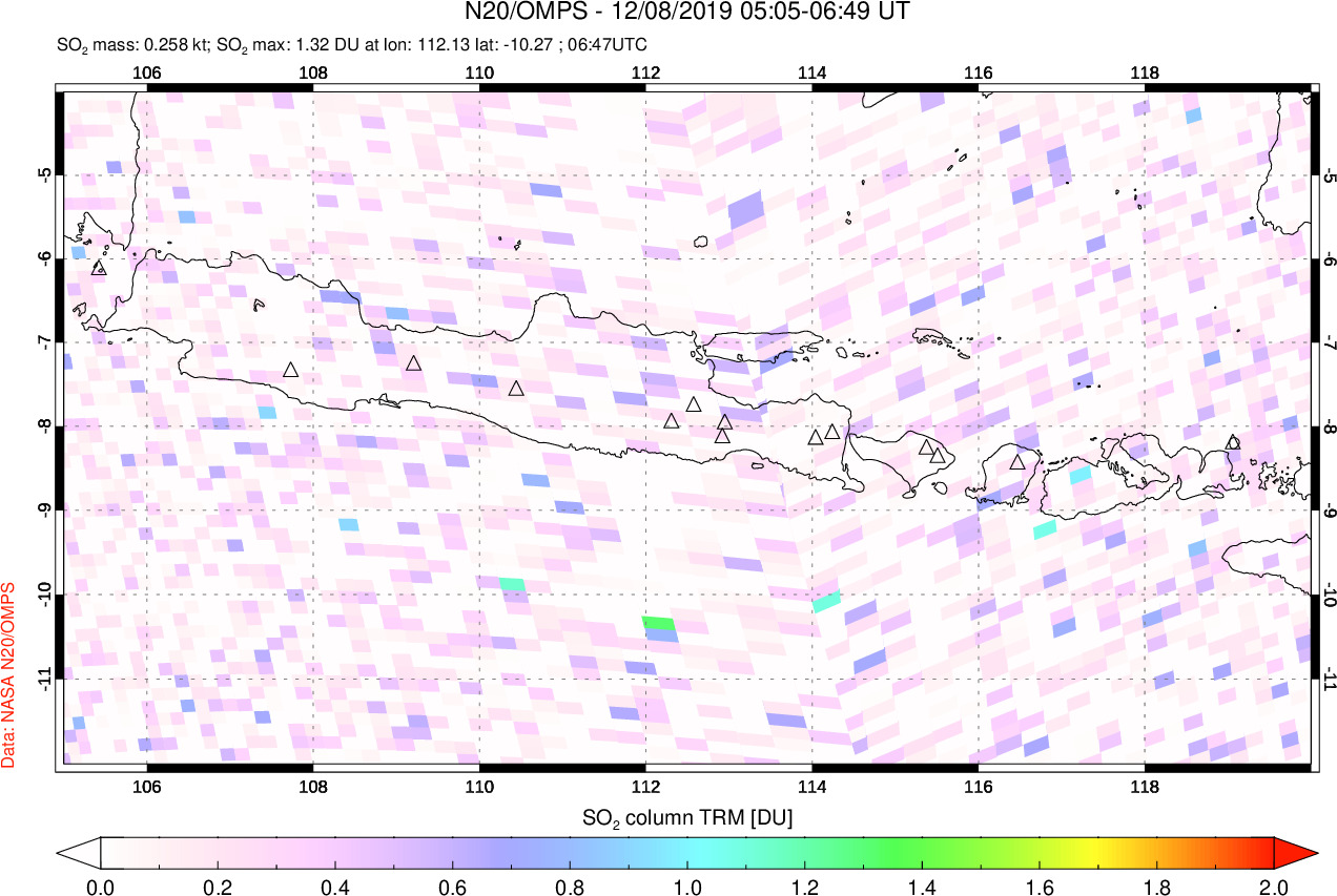 A sulfur dioxide image over Java, Indonesia on Dec 08, 2019.