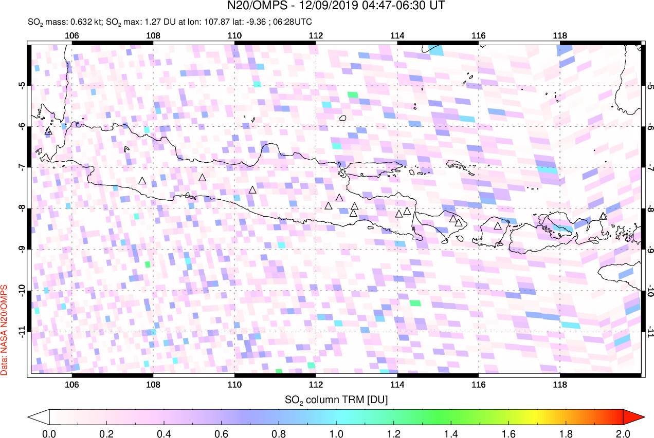 A sulfur dioxide image over Java, Indonesia on Dec 09, 2019.