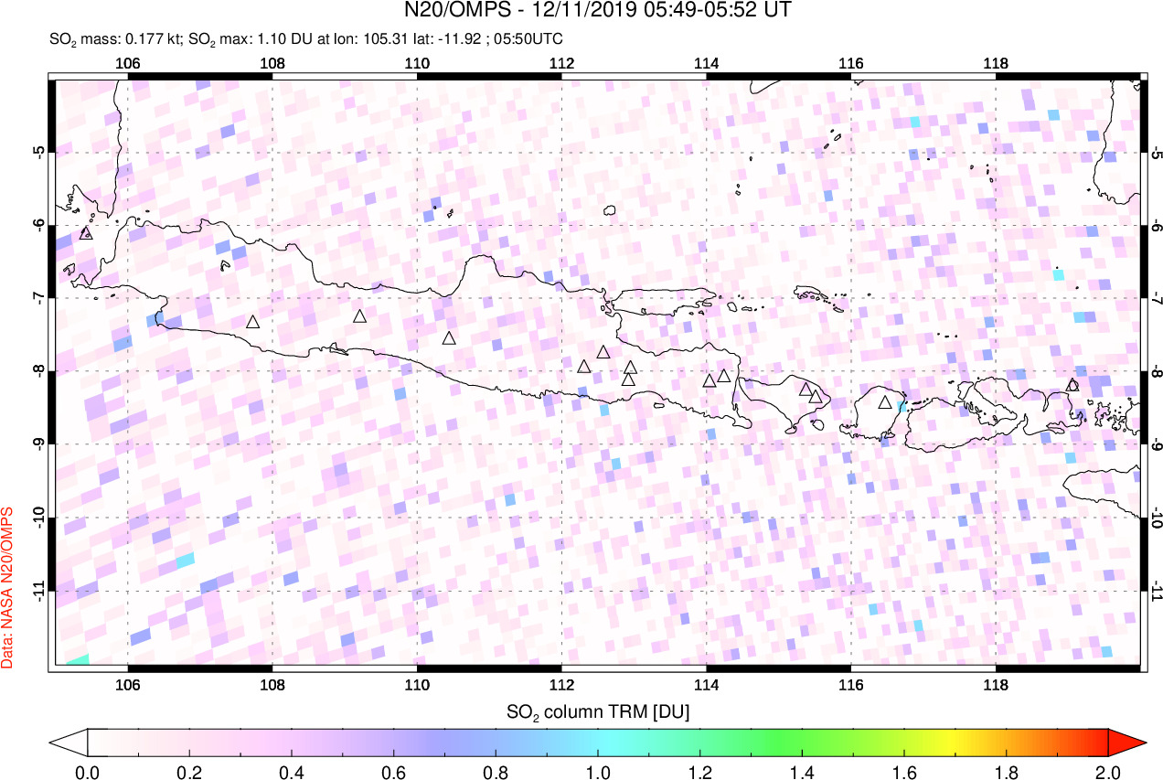 A sulfur dioxide image over Java, Indonesia on Dec 11, 2019.