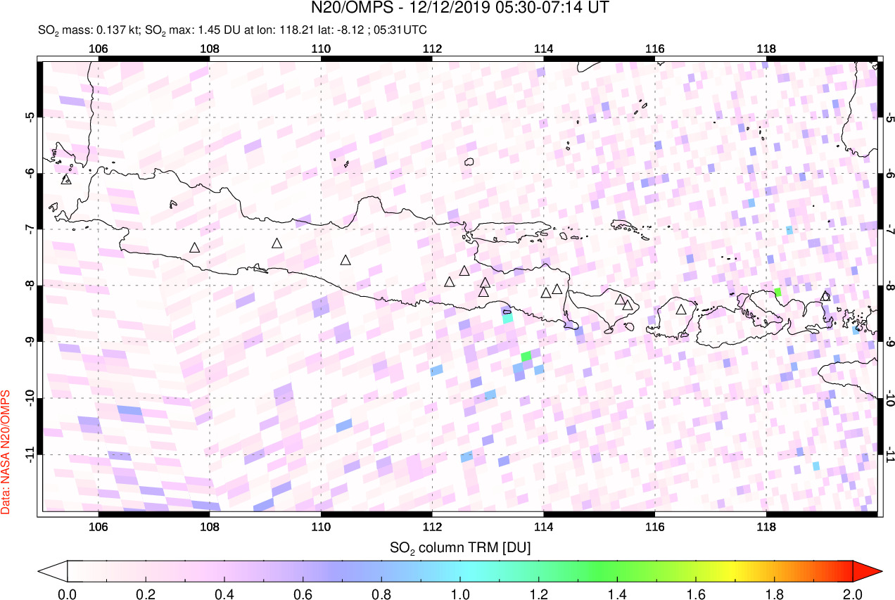 A sulfur dioxide image over Java, Indonesia on Dec 12, 2019.