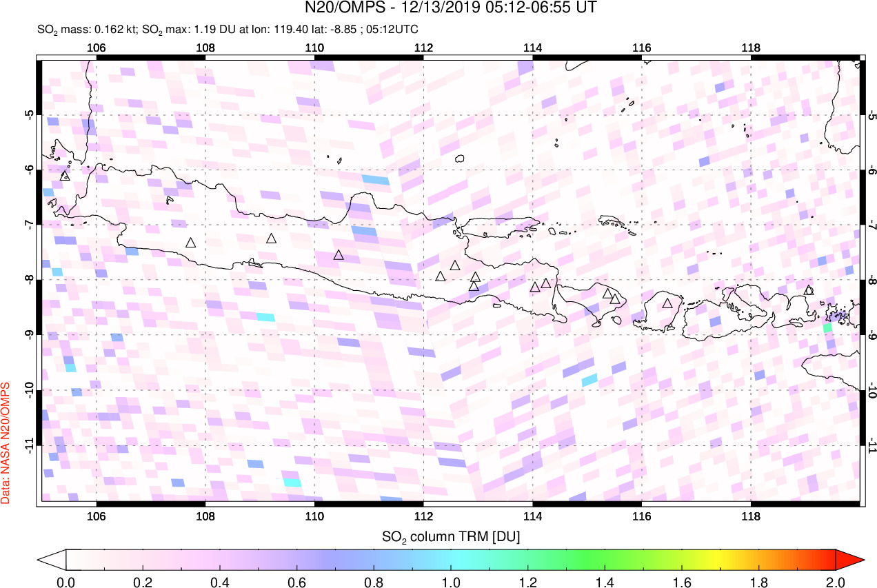 A sulfur dioxide image over Java, Indonesia on Dec 13, 2019.