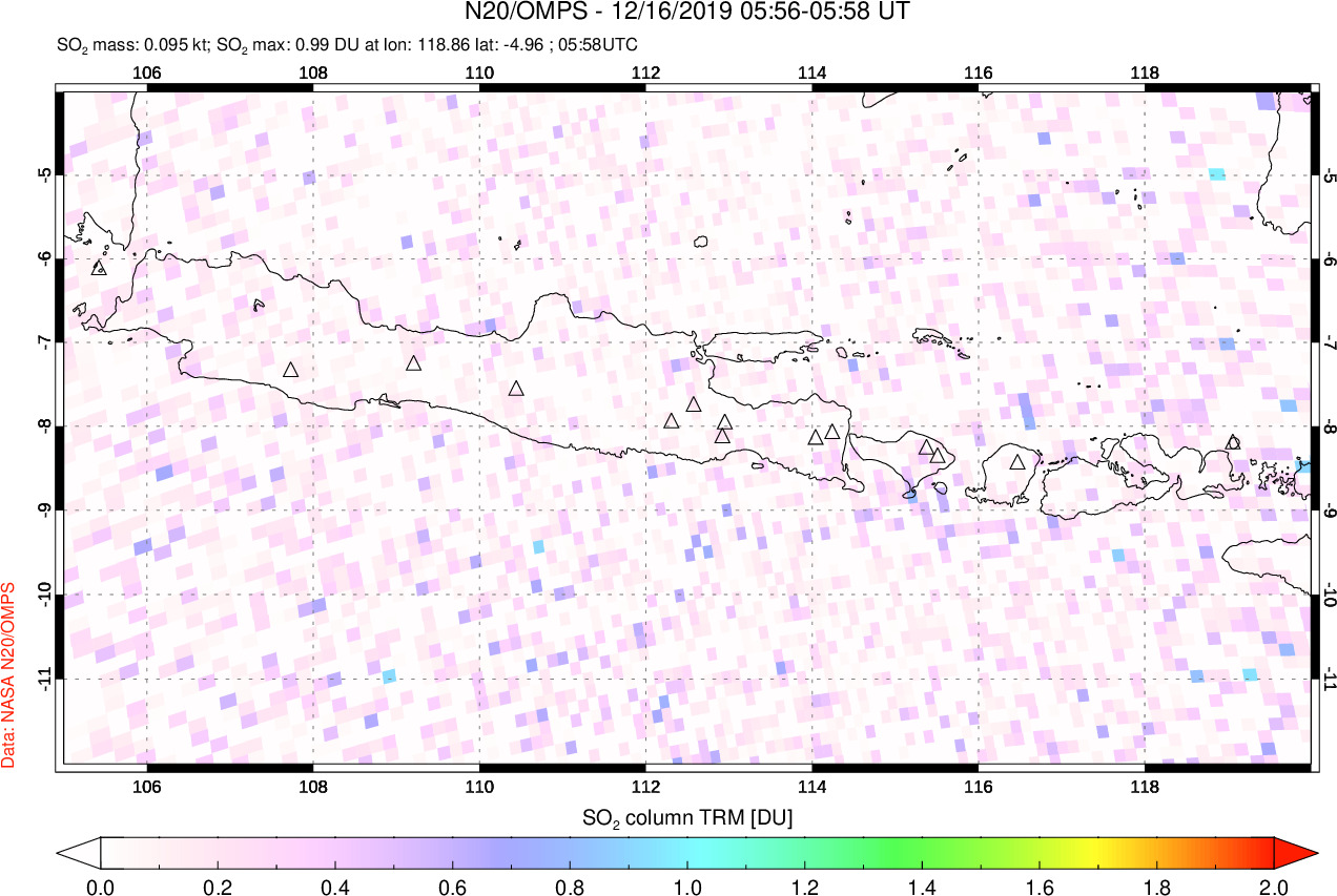 A sulfur dioxide image over Java, Indonesia on Dec 16, 2019.