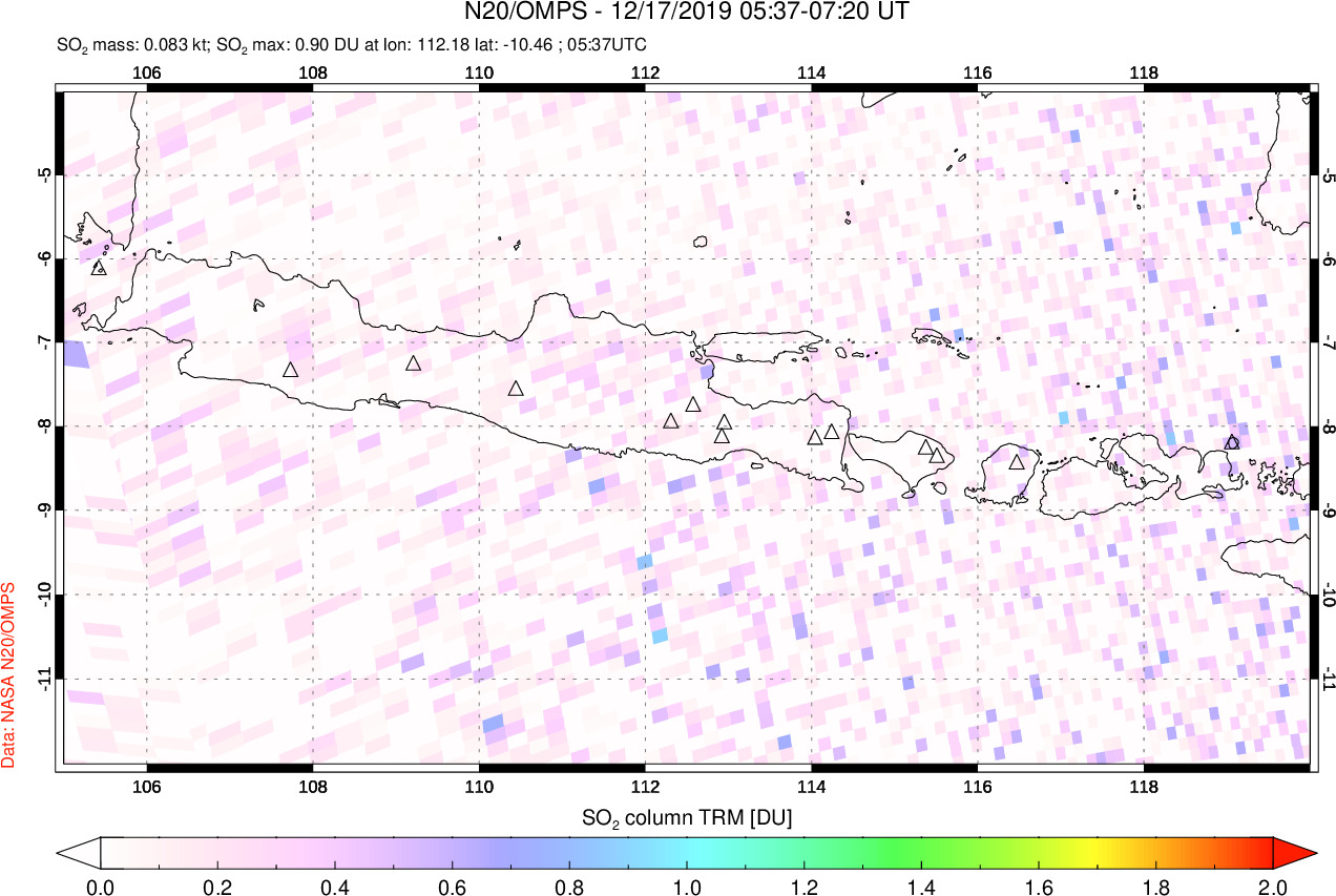 A sulfur dioxide image over Java, Indonesia on Dec 17, 2019.