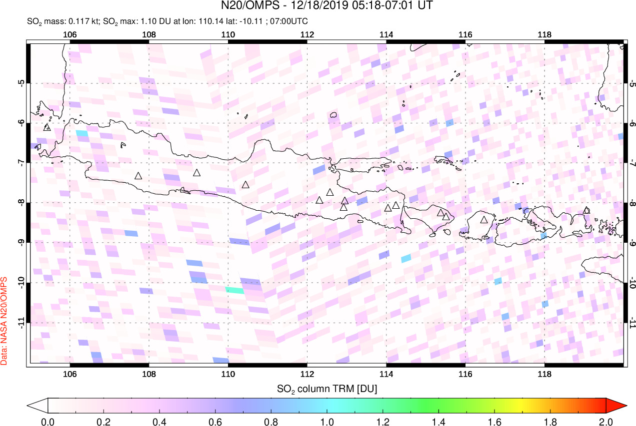 A sulfur dioxide image over Java, Indonesia on Dec 18, 2019.