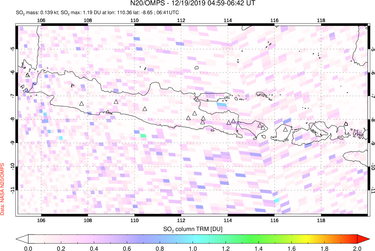 A sulfur dioxide image over Java, Indonesia on Dec 19, 2019.