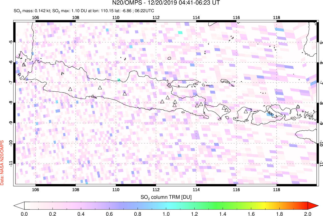 A sulfur dioxide image over Java, Indonesia on Dec 20, 2019.
