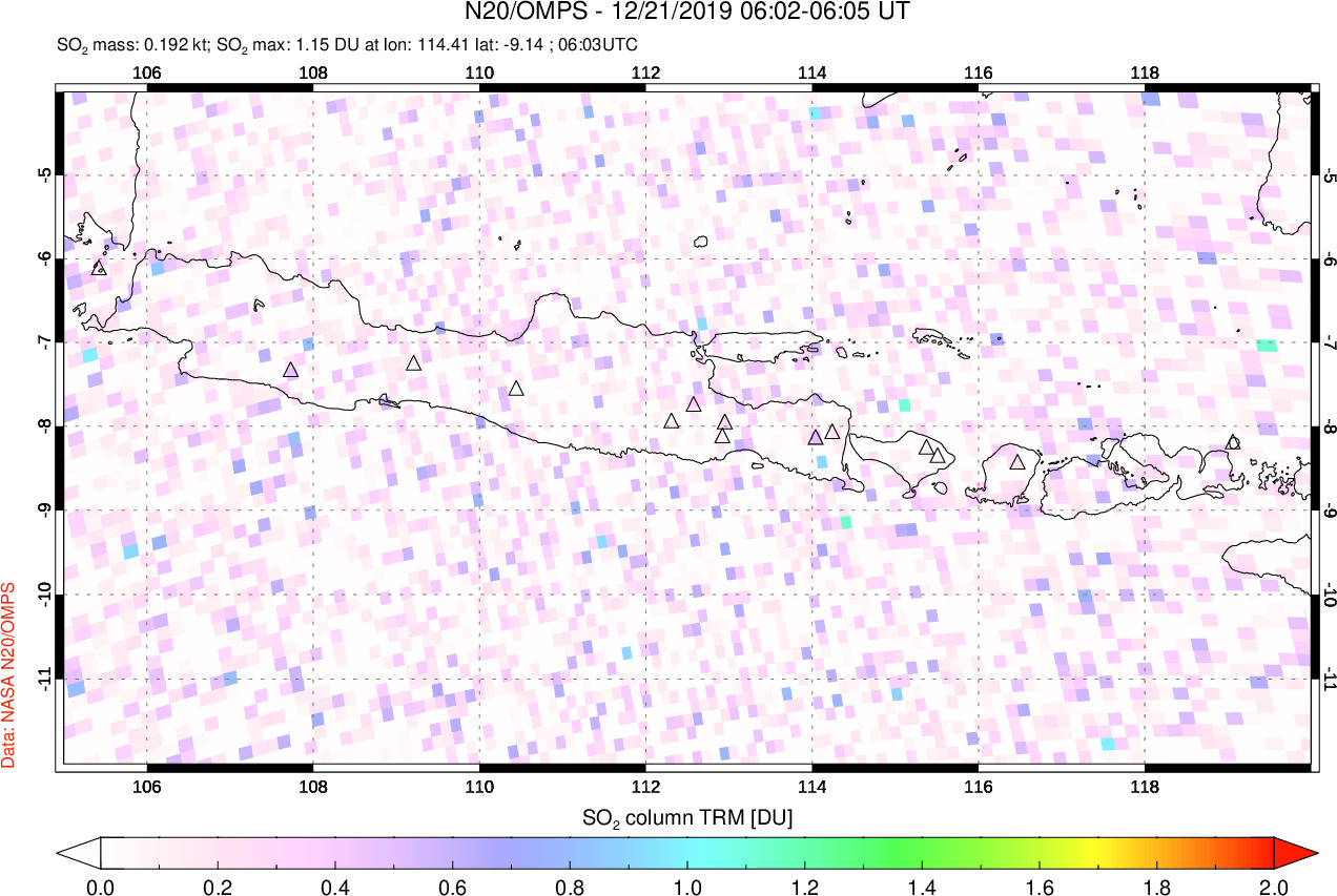 A sulfur dioxide image over Java, Indonesia on Dec 21, 2019.