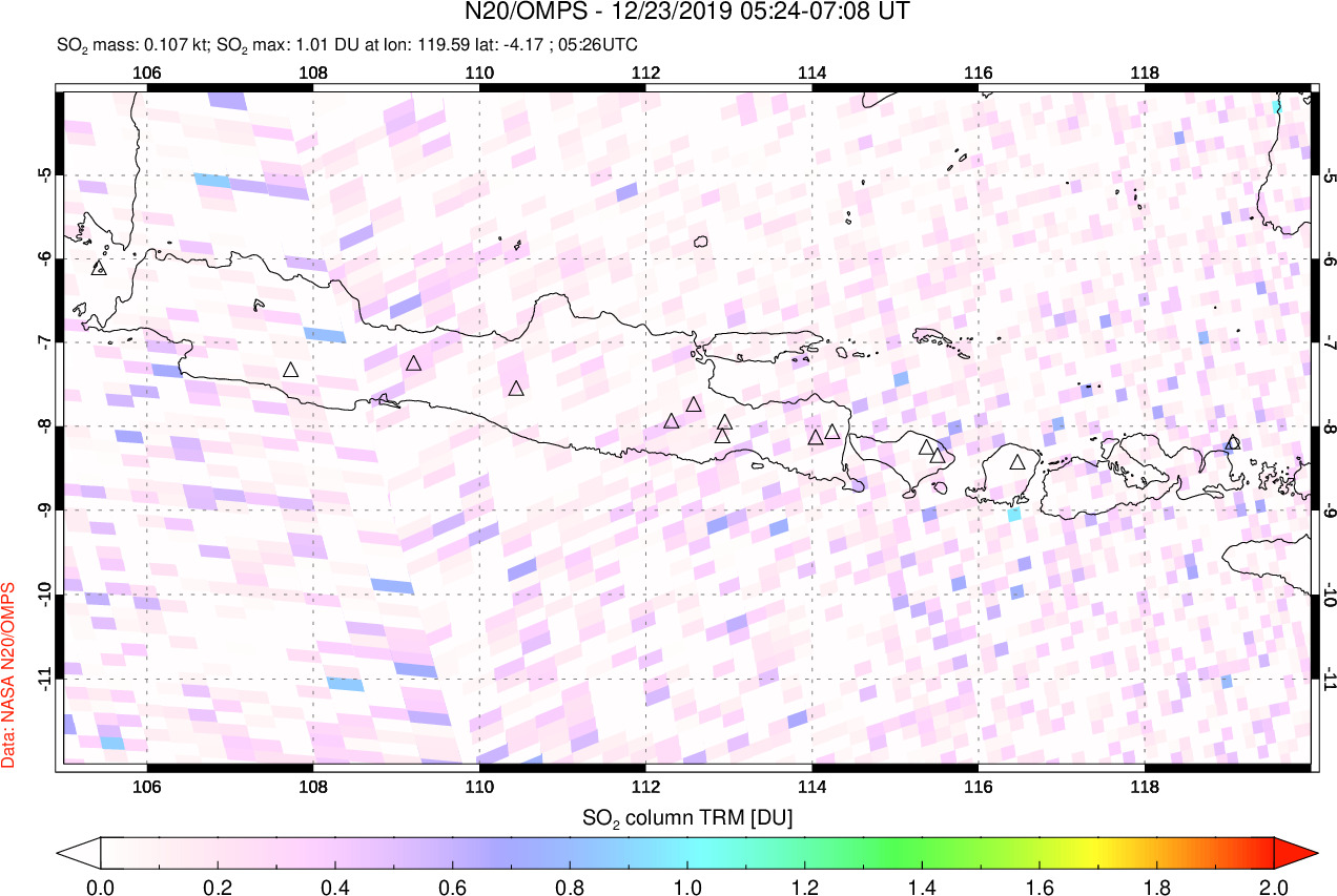 A sulfur dioxide image over Java, Indonesia on Dec 23, 2019.