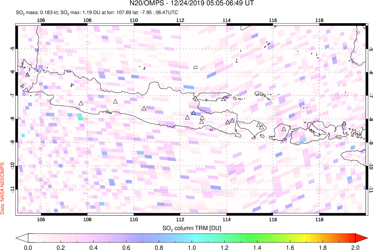 A sulfur dioxide image over Java, Indonesia on Dec 24, 2019.