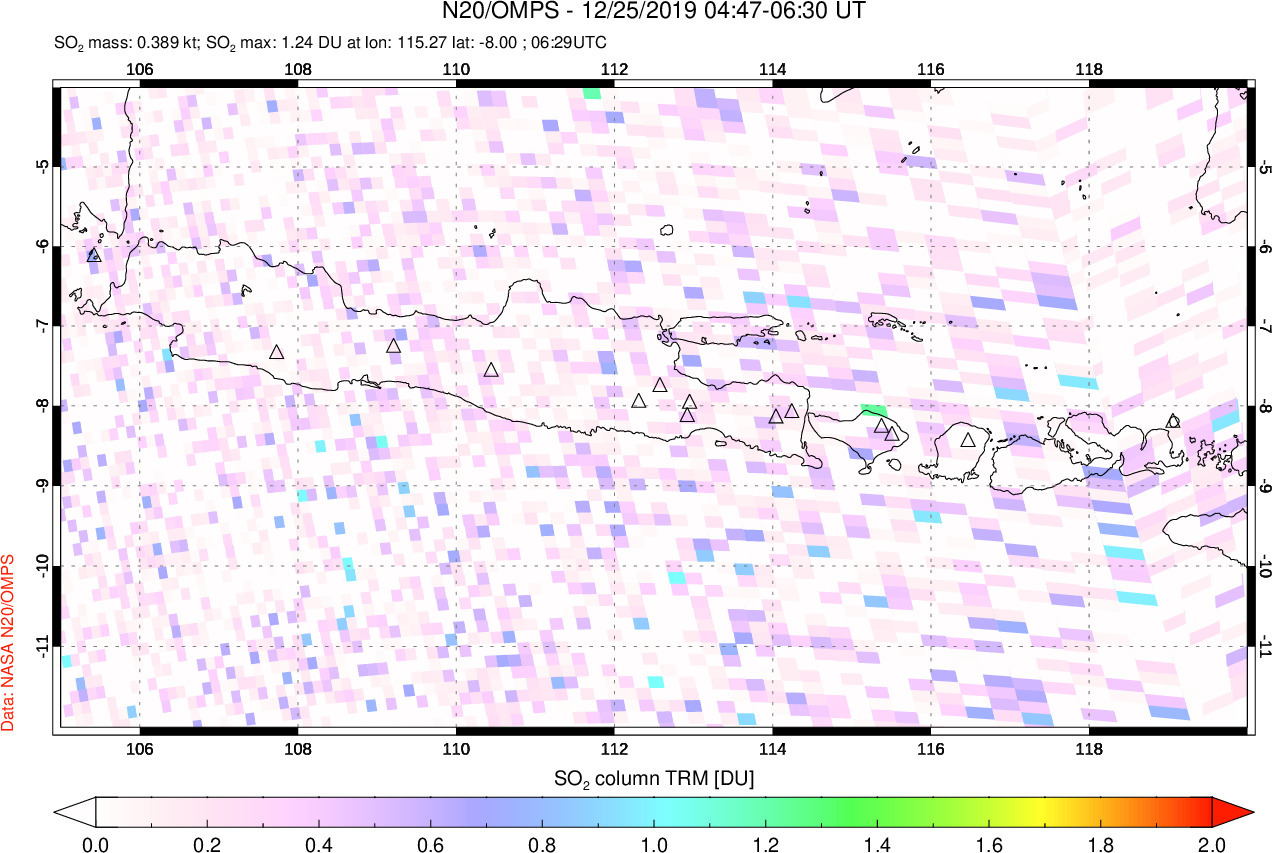 A sulfur dioxide image over Java, Indonesia on Dec 25, 2019.