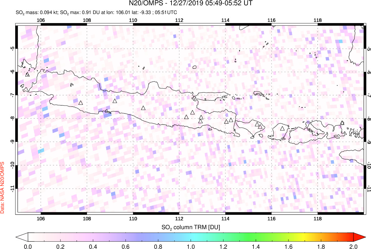 A sulfur dioxide image over Java, Indonesia on Dec 27, 2019.