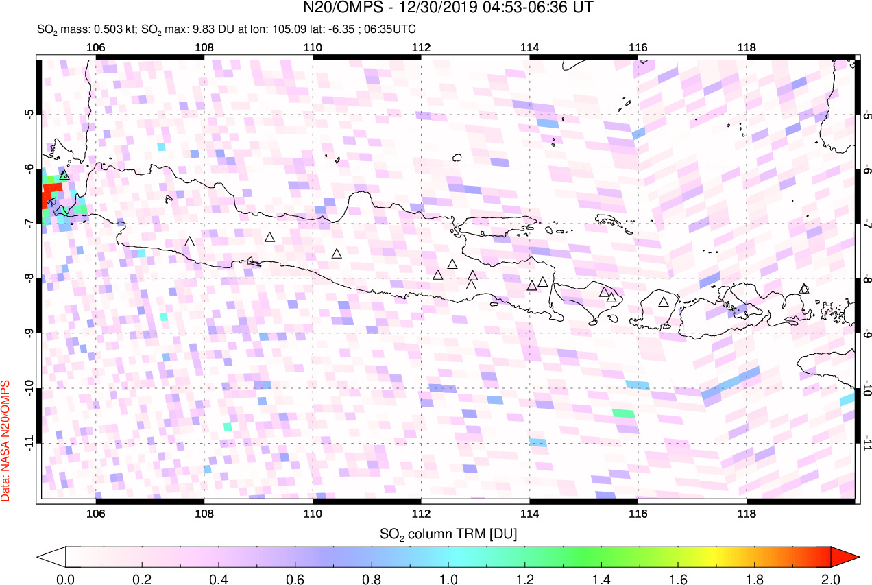 A sulfur dioxide image over Java, Indonesia on Dec 30, 2019.