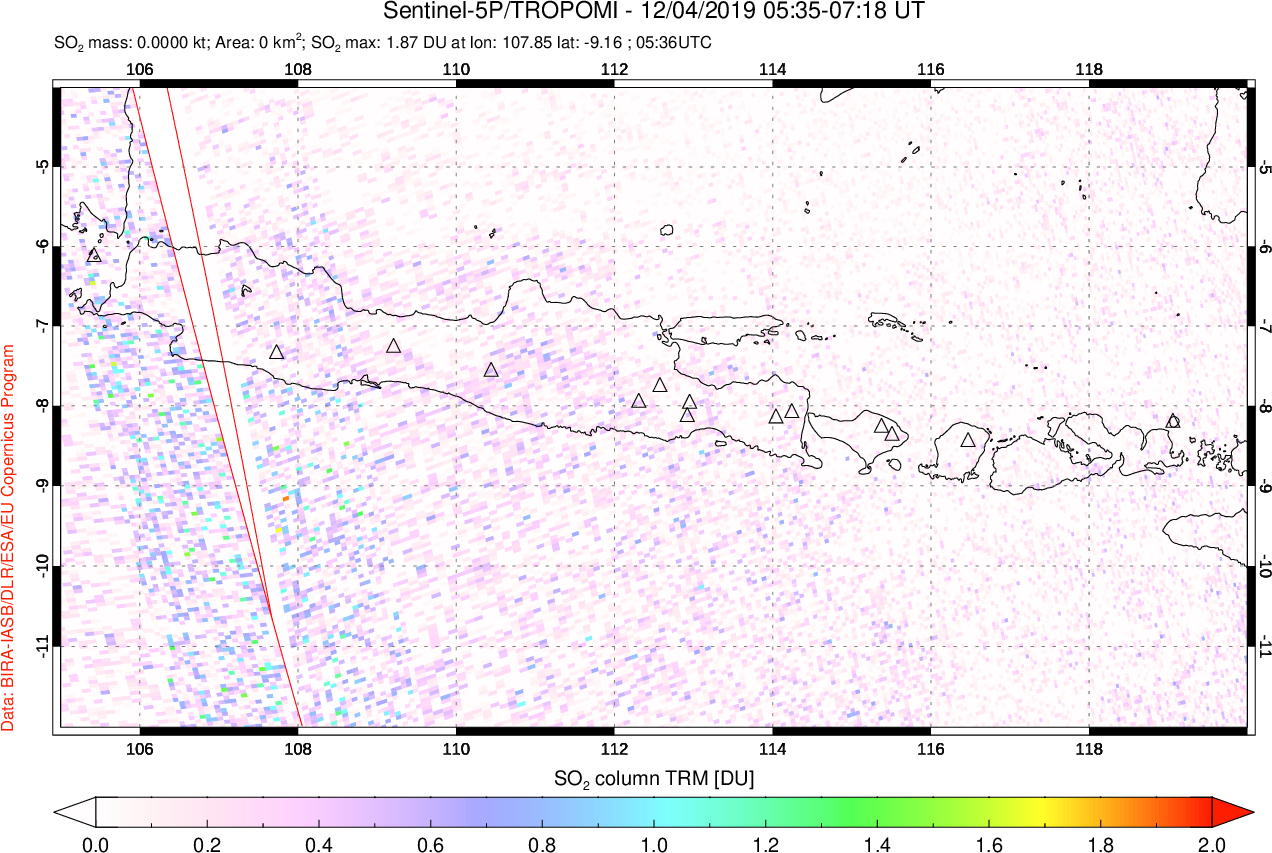 A sulfur dioxide image over Java, Indonesia on Dec 04, 2019.