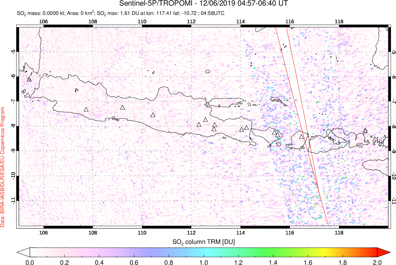 A sulfur dioxide image over Java, Indonesia on Dec 06, 2019.