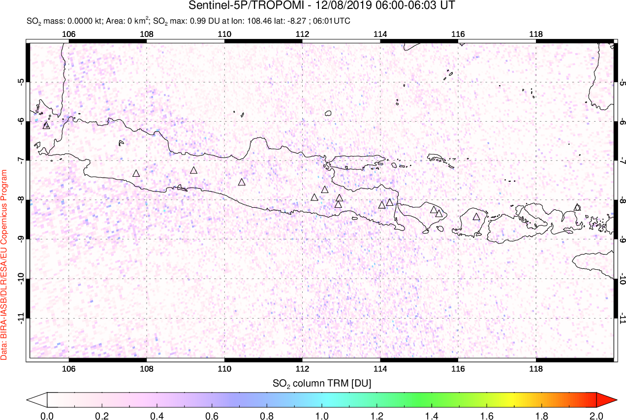 A sulfur dioxide image over Java, Indonesia on Dec 08, 2019.