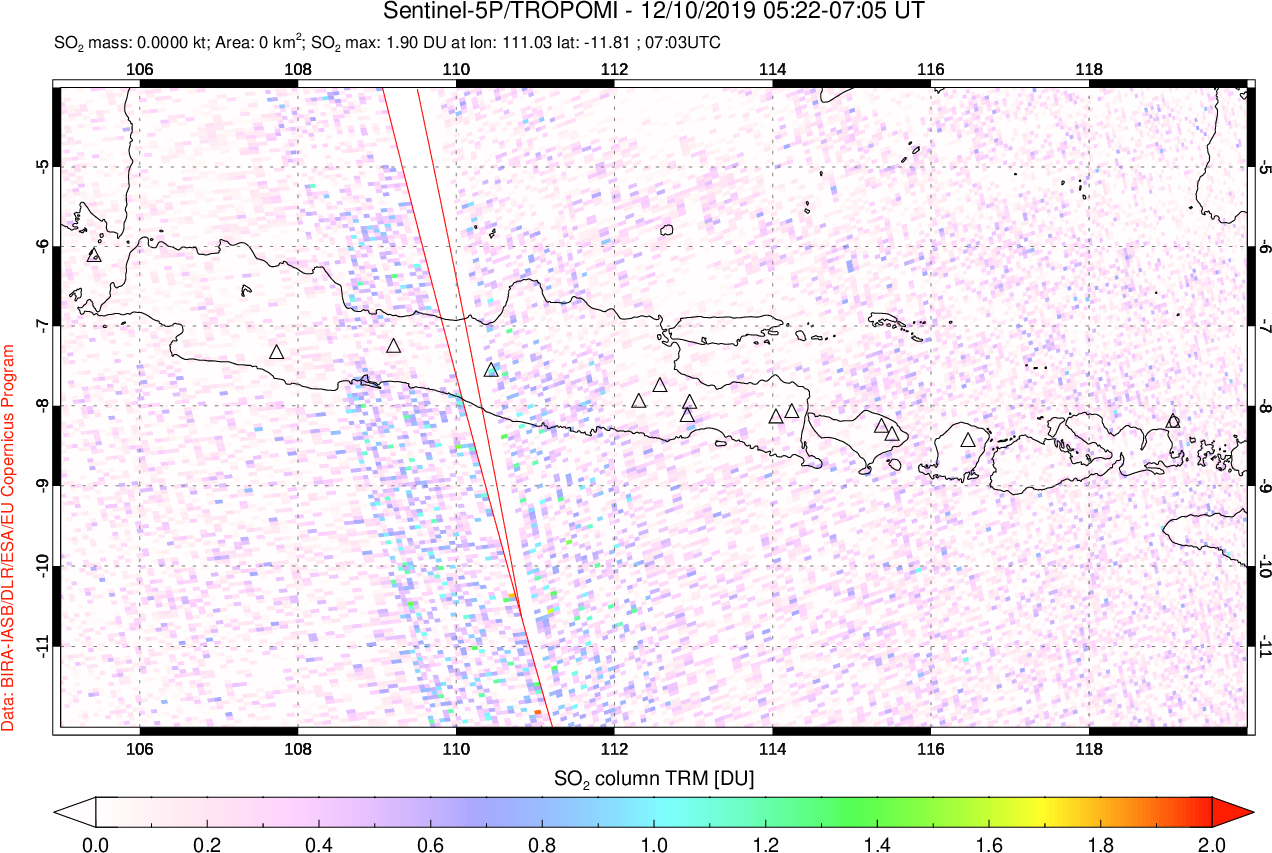A sulfur dioxide image over Java, Indonesia on Dec 10, 2019.
