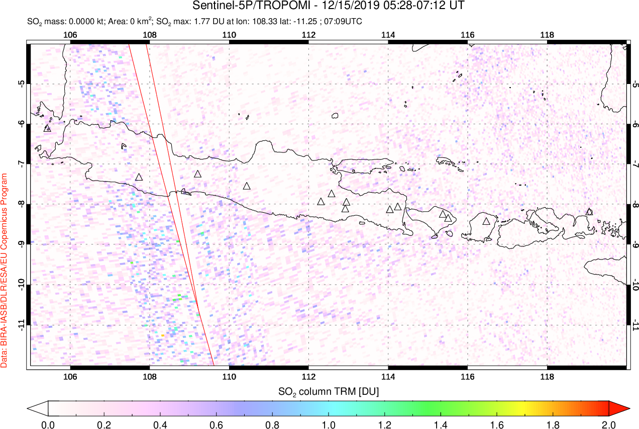 A sulfur dioxide image over Java, Indonesia on Dec 15, 2019.