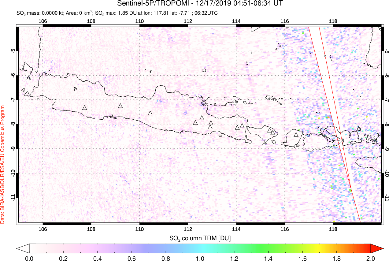 A sulfur dioxide image over Java, Indonesia on Dec 17, 2019.