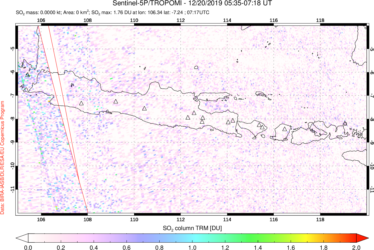A sulfur dioxide image over Java, Indonesia on Dec 20, 2019.