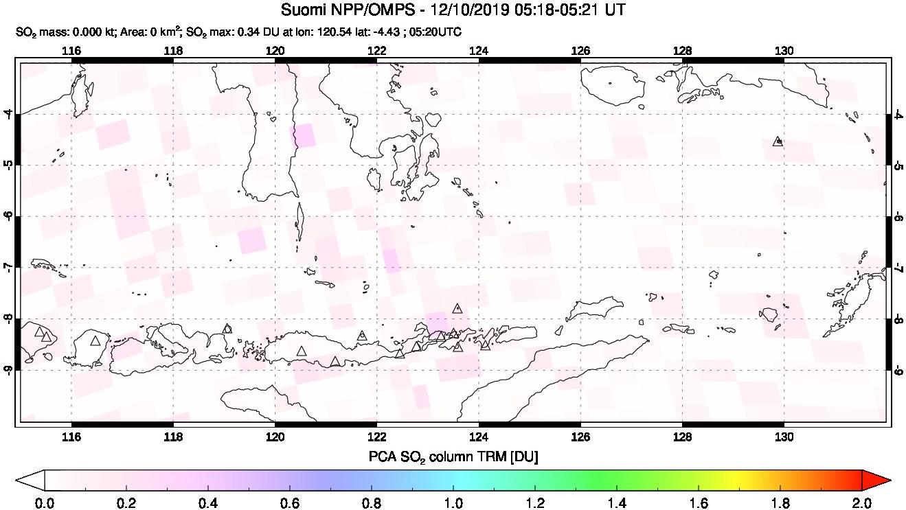 A sulfur dioxide image over Lesser Sunda Islands, Indonesia on Dec 10, 2019.