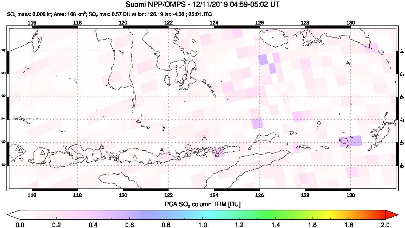 A sulfur dioxide image over Lesser Sunda Islands, Indonesia on Dec 11, 2019.