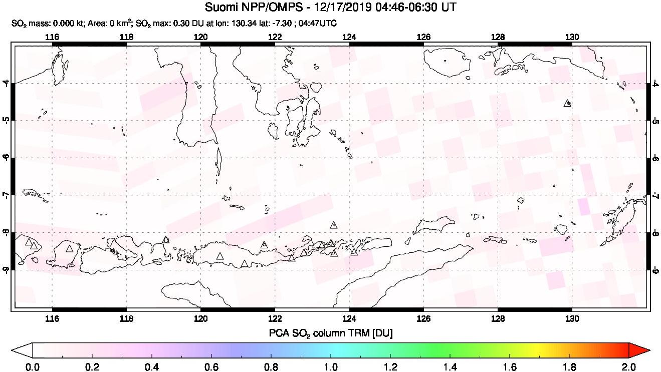 A sulfur dioxide image over Lesser Sunda Islands, Indonesia on Dec 17, 2019.