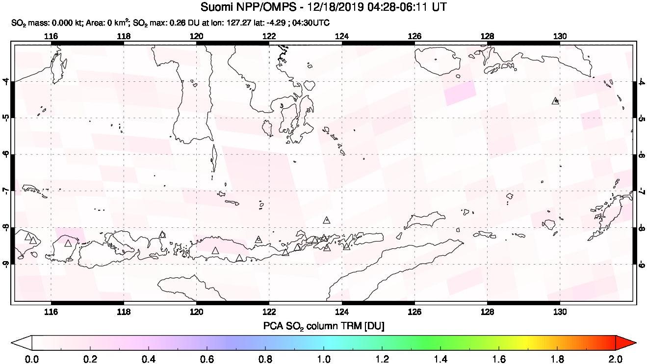 A sulfur dioxide image over Lesser Sunda Islands, Indonesia on Dec 18, 2019.