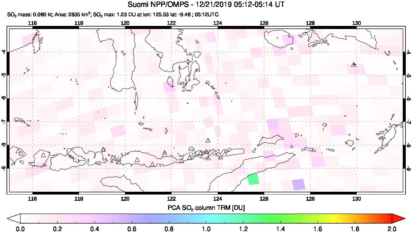 A sulfur dioxide image over Lesser Sunda Islands, Indonesia on Dec 21, 2019.