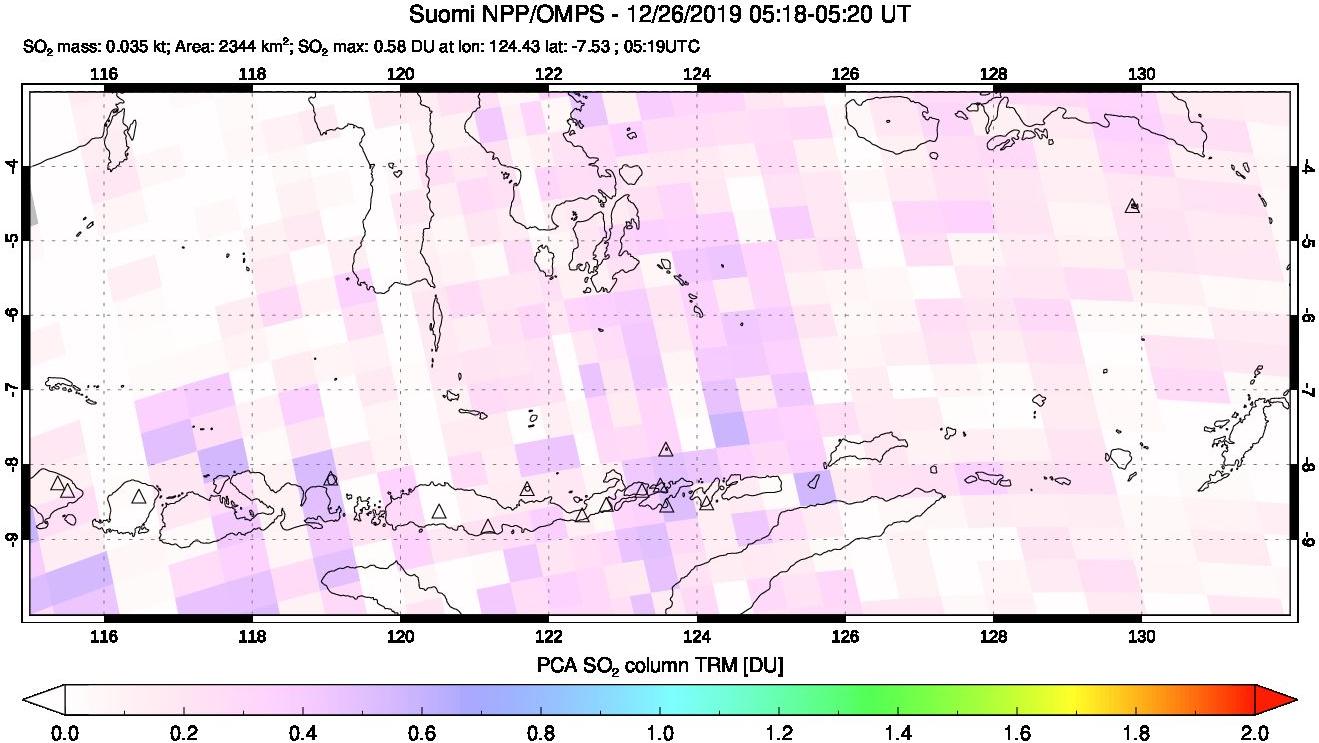 A sulfur dioxide image over Lesser Sunda Islands, Indonesia on Dec 26, 2019.