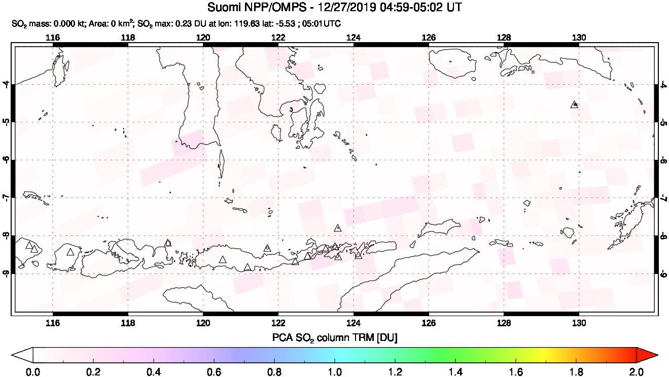 A sulfur dioxide image over Lesser Sunda Islands, Indonesia on Dec 27, 2019.